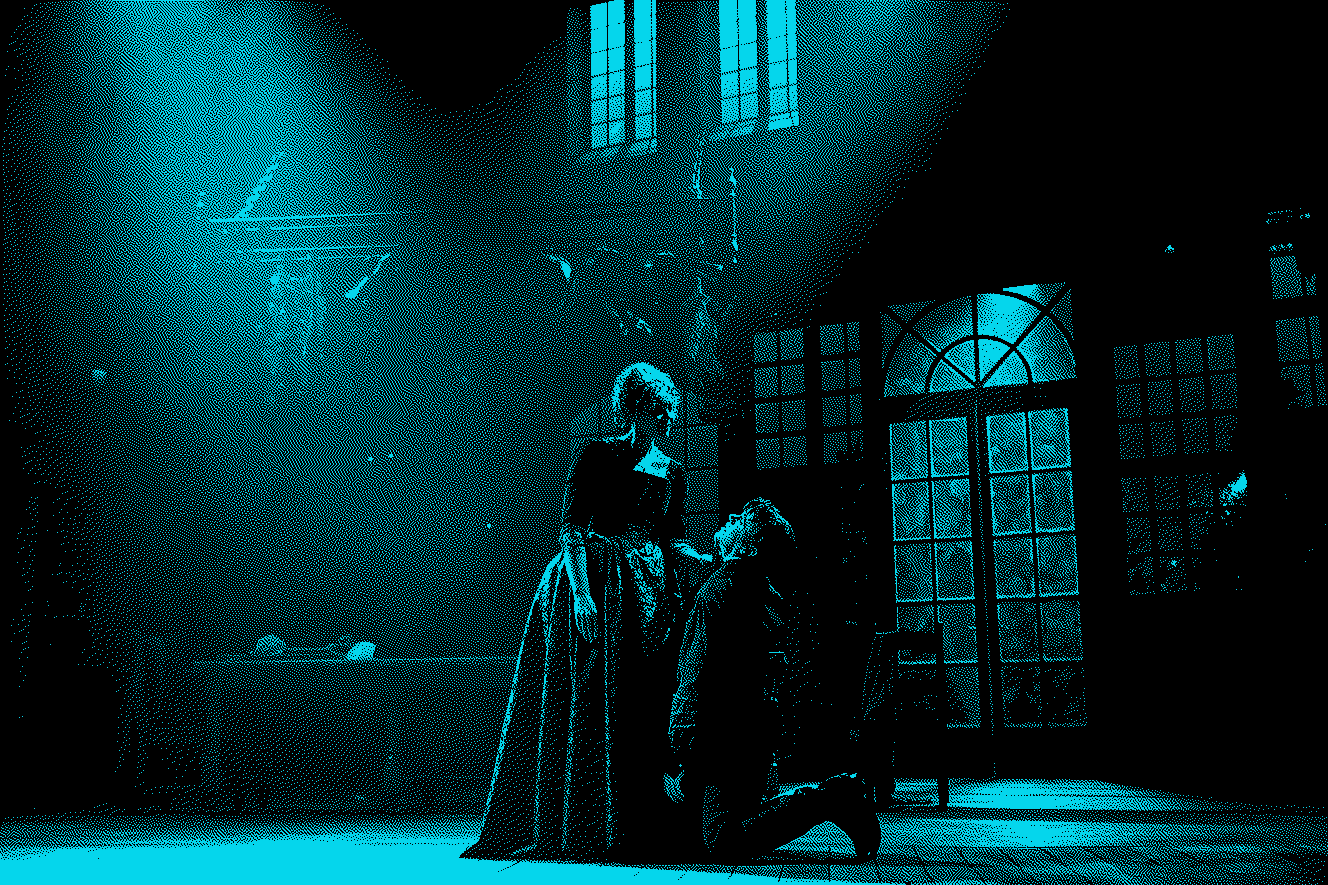 Rebecca S'manga Frank's Elizabeth Lavenza stands over Nick Westrate's Victor Frankenstein in a striking pose